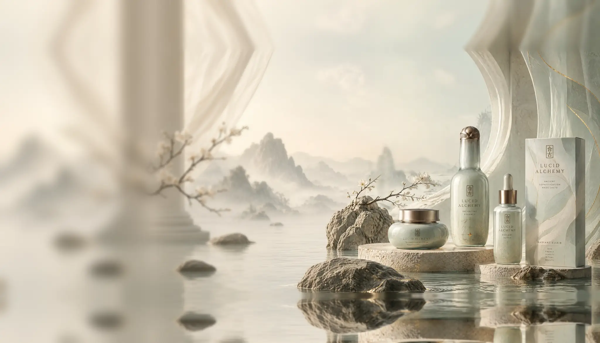 Lucid Alchemy jade-green collection: balancing essence, radiant elixir, cream and box on stone pedestals