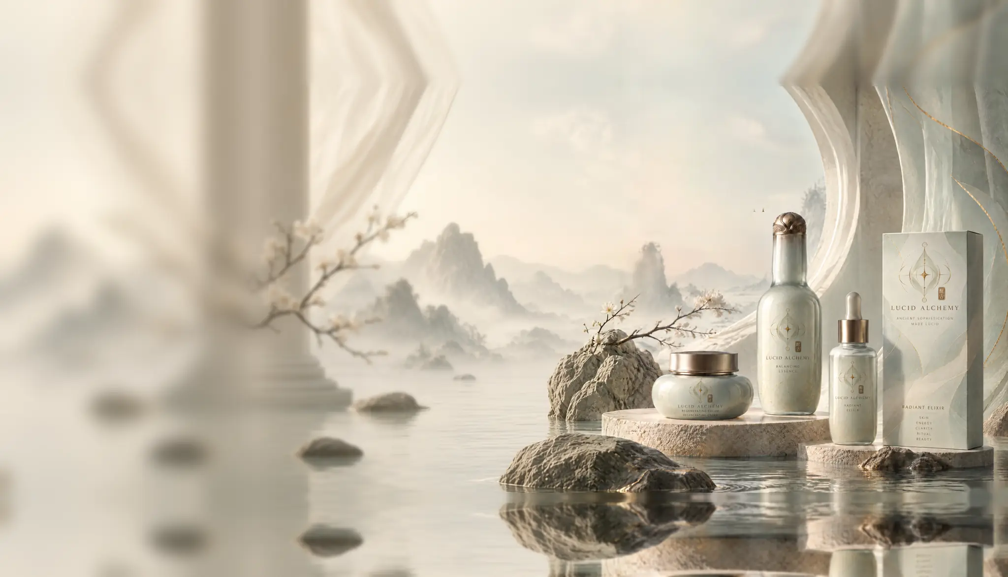 Lucid Alchemy jade-green collection with 醒古 seal labels: balancing essence, radiant elixir, cream and box on stone pedestals