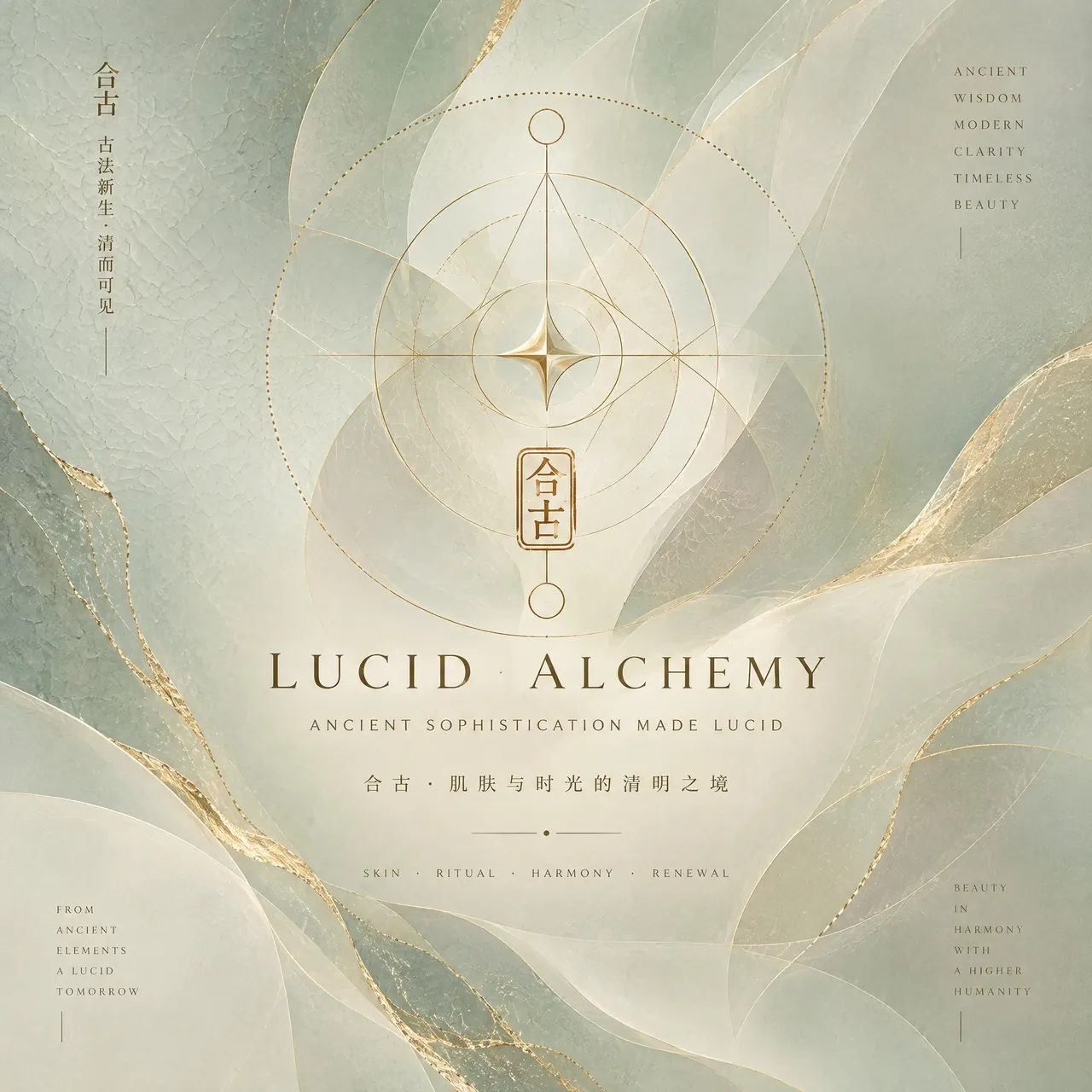 Lucid Alchemy brand artwork — gold constellation emblem on celadon silk