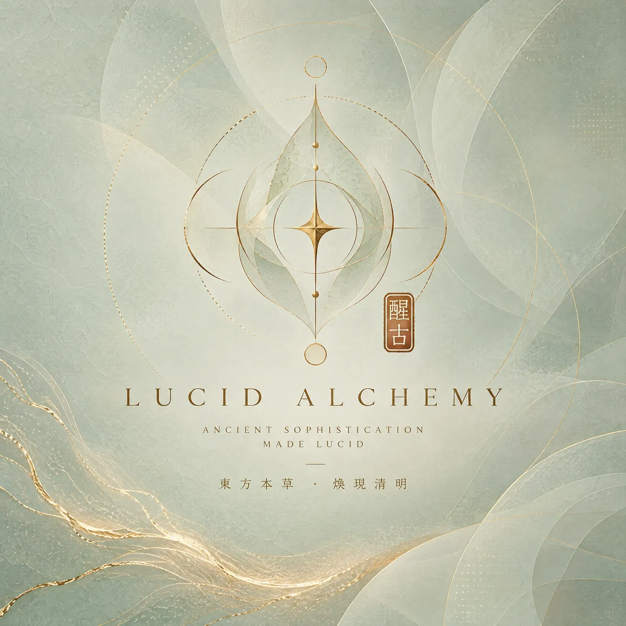 Lucid Alchemy brand artwork — gold emblem and 醒古 seal on celadon silk: Ancient sophistication made lucid
